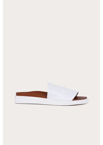 Beyaz Deri Kadın Düz Terlik
