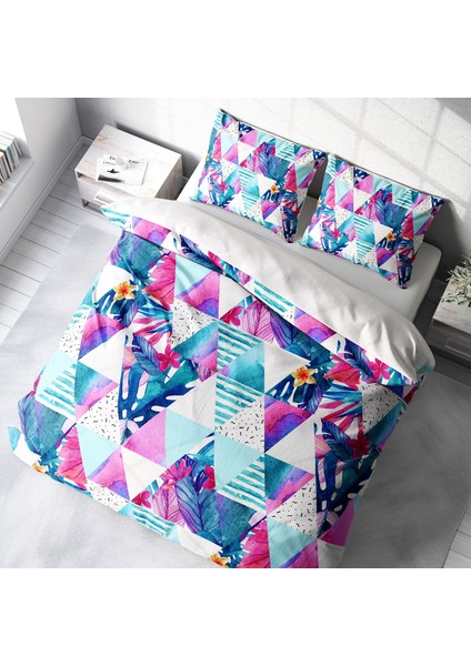 Geometric Tropical 3D Pamuk Saten Çift Kişilik Nevresim Takımı