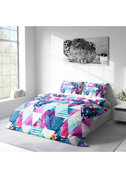Geometric Tropical 3D Pamuk Saten Çift Kişilik Nevresim Takımı