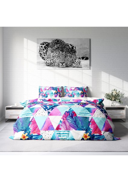 Geometric Tropical 3D Pamuk Saten Çift Kişilik Nevresim Takımı