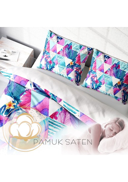 Geometric Tropical 3D Pamuk Saten Çift Kişilik Nevresim Takımı