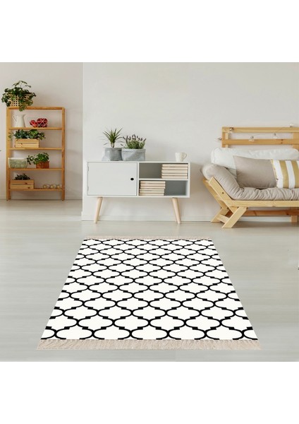 Geometrik Karo Desenli Dijital Baskı Yıkanabilir Kaymaz Taban Modern Salon Halısı ve Yolluk(S.beyaz)