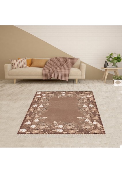 Çiçek Desenli Dijital Baskı Yıkanabilir Kaymaz Taban Modern Salon Halısı ve Yolluk (Kahve)