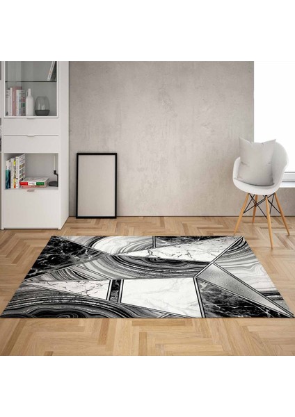 Retro Geometrik Çizgi Desenli Dijital Baskı Yıkanabilir Kaymaz Taban Modern Salon Halısı Yolluk(Gri)
