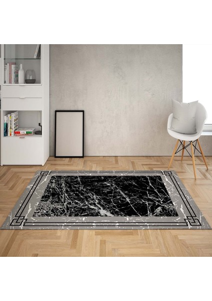 Mermer Desenli Çerçeveli Dijital Baskı Yıkanabilir Kaymaz Taban Salon Halı ve Yolluk(Pembe)