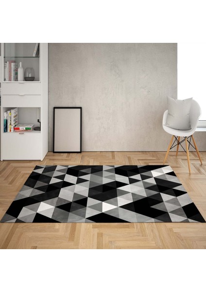 Geometrik Üçgen Desenli Dijital Baskı Yıkanabilir Kaymaz Taban Modern Salon Halısı ve Yolluk(Siyah)