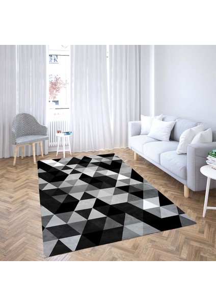 Geometrik Üçgen Desenli Dijital Baskı Yıkanabilir Kaymaz Taban Modern Salon Halısı ve Yolluk(Siyah) fiyatları
