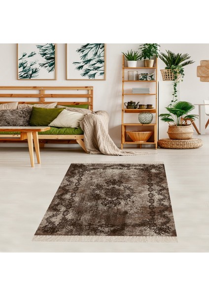 Osmanlı Desen Çerçeveli Dijital Baskı Yıkanabilir Kaymaz Taban Klasik Salon Halısı ve Yolluk K.kahve