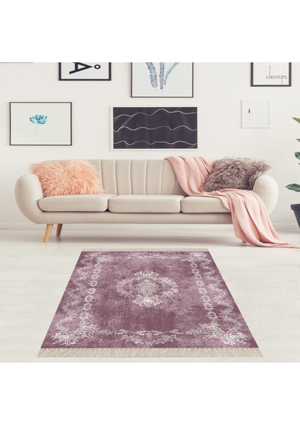 Osmanlı Desen Çerçeveli Dijital Baskı Yıkanabilir Kaymaz Taban Klasik Salon Halısı ve Yolluk (Lila)