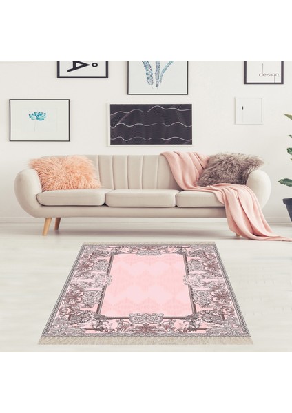 Varak Desenli Dijital Baskı Yıkanabilir Kaymaz Taban Leke Tutmaz Düz Salon Halısı (Pembe)