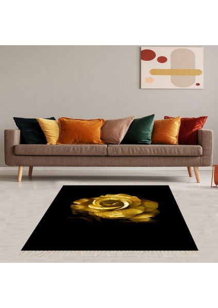 Gold Gül Siyah Zeminli Desenli Dijital Baskı Yıkanabilir Kaymaz Taban Salon Halısı ve Yolluk