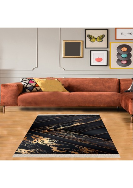 Gold Şeritli Mermer Desenli Dijital Baskı Yıkanabilir Kaymaz Taban Salon Halısı ve Yolluk
