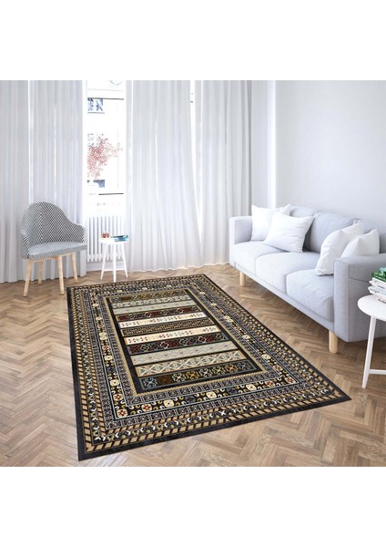 Kilim Desenli Dijital Baskı Yıkanabilir Kaymaz Taban Etnik Salon Halısı ve Yolluk(Siyah)