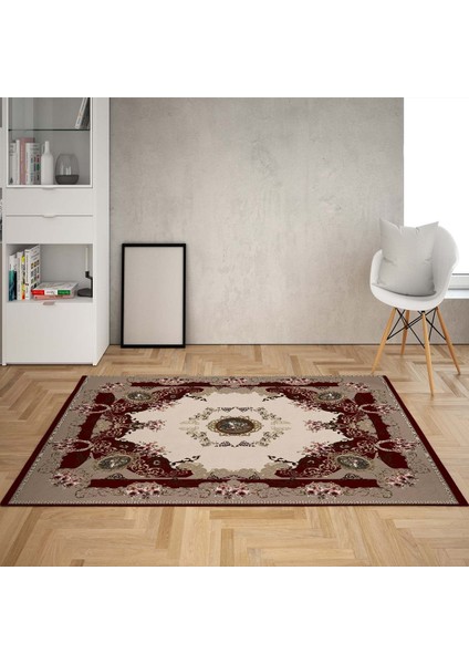 Osmanlı Motifler Çiçek Desenli Etnik Dijital Baskı Yıkanabilir Kaymaz Taban Salon Halısı(Bordo)