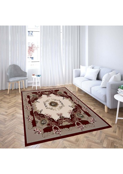 Osmanlı Motifler Çiçek Desenli Etnik Dijital Baskı Yıkanabilir Kaymaz Taban Salon Halısı(Bordo) fiyatları