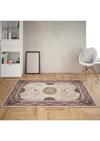 Osmanlı Motifler Desenli Etnik Dijital Baskı Yıkanabilir Kaymaz Taban Eskitme Salon Halısı (Lila)