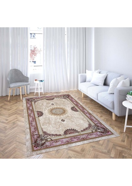Osmanlı Motifler Desenli Etnik Dijital Baskı Yıkanabilir Kaymaz Taban Eskitme Salon Halısı (Lila)