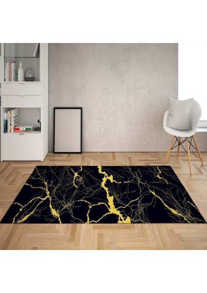 Mermer Desenli Gold Çizgili Dijital Baskılı Kaymaz Taban Salon Halısı ve Yolluk