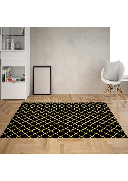Geometrik Karo Desenli Gold Detaylı Dijital Baskı Yıkanabilir Kaymaz Taban Salon Halısı ve Yolluk