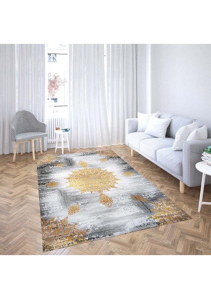 Osmanlı Motifler Desenli Etnik Dijital Baskı Yıkanabilir Kaymaz Taban Eskitme Salon Halısı(Gold)