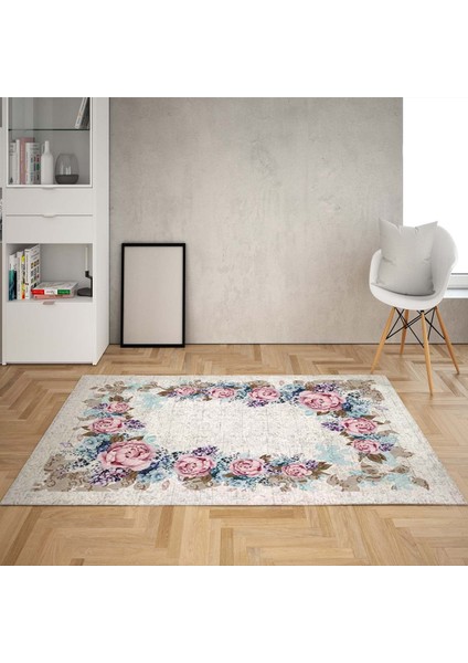Gül Desenli Dijital Baskı Yıkanabilir Kaymaz Taban Vintage Salon Halısı ve Yolluk