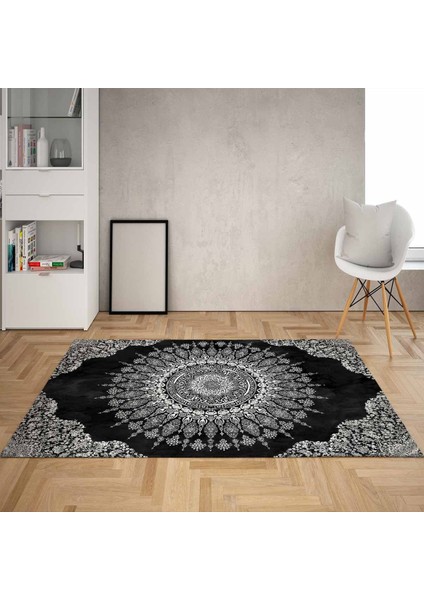 Osmanlı Motifler Desenli Etnik Dijital Baskı Yıkanabilir Kaymaz Taban Salon Halı ve Yolluk (Siyah)