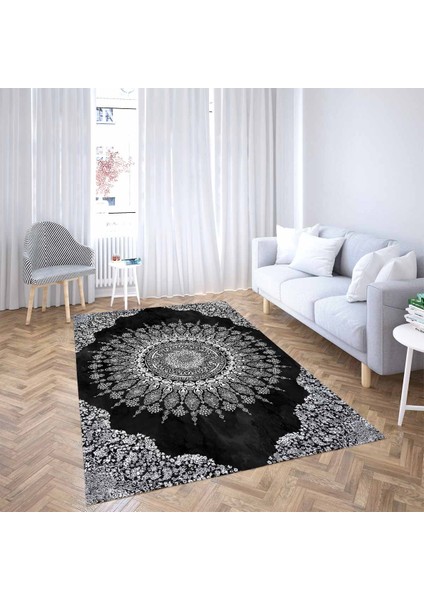 Osmanlı Motifler Desenli Etnik Dijital Baskı Yıkanabilir Kaymaz Taban Salon Halı ve Yolluk (Siyah) fiyatları