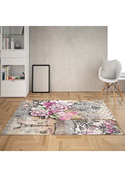 Gül Çiçek Desenli Çerçeveli Dijital Baskı Yıkanabilir Kaymaz Taban Vintage Salon Halısı ve Yolluk fiyatları