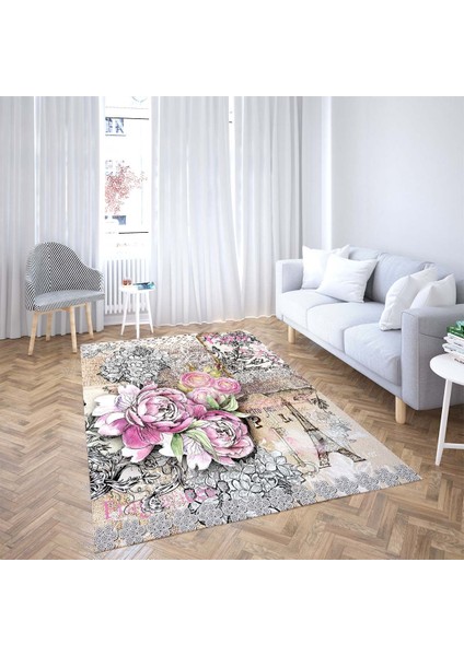Gül Çiçek Desenli Çerçeveli Dijital Baskı Yıkanabilir Kaymaz Taban Vintage Salon Halısı ve Yolluk