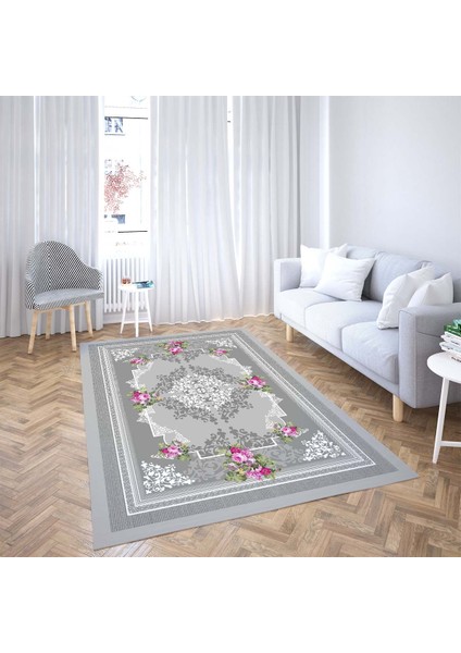 Gül Çiçek Desenli Çerçeveli Dijital Baskı Yıkanabilir Kaymaz Taban Vintage Salon Halısı ve Yolluk