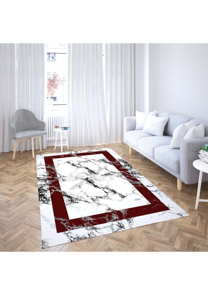 Mermer Desenli Bordo Çerçeveli Dijital Baskı Yıkanabilir Kaymaz Taban Modern Salon Halı ve Yolluk