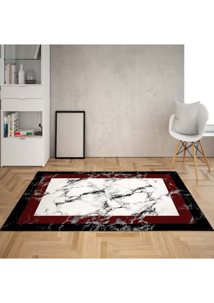 Mermer Desenli Bordo Çerçeveli Dijital Baskı Yıkanabilir Kaymaz Taban Modern Salon Halı ve Yolluk