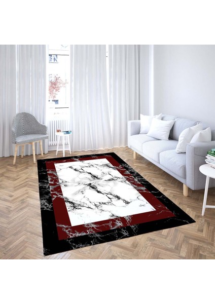 Mermer Desenli Bordo Çerçeveli Dijital Baskı Yıkanabilir Kaymaz Taban Modern Salon Halı ve Yolluk