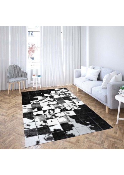 Inek Derisi Desenli Dijital Baskı Yıkanabilir Kaymaz Taban Modern Salon Halısı ve Yolluk (Gri)