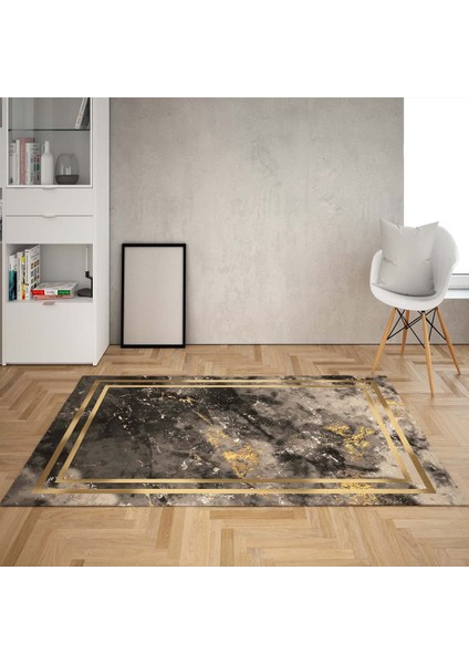 Gold Çerçeveli Dijital Baskı Yıkanabilir Kaymaz Taban Leke Tutmaz Modern Salon Halısı Yolluk