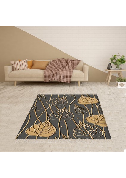 Gold Yaprak Desenli Dijital Baskılı Kaymaz Taban Modern Salon Halısı ve Yolluk