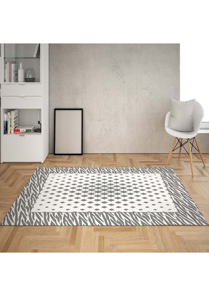 Zebra Desenli Karo Zemin Dijital Baskı Yıkanabilir Kaymaz Taban Modern Salon Halısı ve Yolluk (Gri)