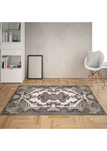 Çiçek ve Varak Desenli Dijital Baskı Yıkanabilir Kaymaz Taban Vintage Klasik Salon Halısı
