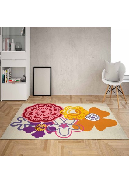 Çiçek Desenli Çerçeveli Dijital Baskı Yıkanabilir Kaymaz Taban Vintage Salon Halı ve Yolluk