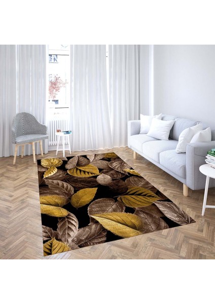 Yaprak Desenli Dijital Baskı Yıkanabilir Kaymaz Taban Modern Salon Halısısı ve Yolluk (Kahverengi)