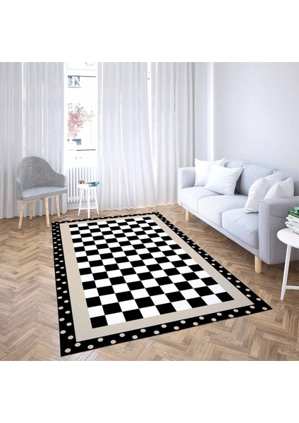 Dama Desenli Dijital Baskılı Kaymaz Yıkanabilir Modern Salon Halısı ve Yolluk