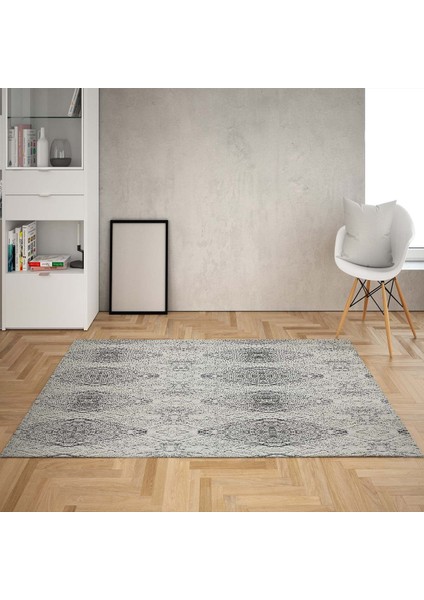 Geometrik Karo Desenli Gold Şeritli Dijital Baskı Yıkanabilir Modern Salon Halı ve Yolluk (Gri)