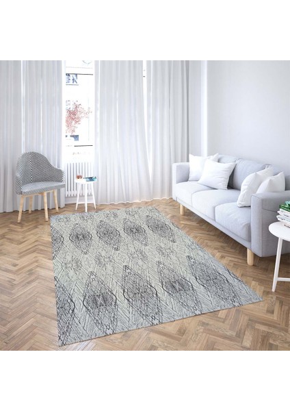 Geometrik Karo Desenli Gold Şeritli Dijital Baskı Yıkanabilir Modern Salon Halı ve Yolluk (Gri) fiyatları
