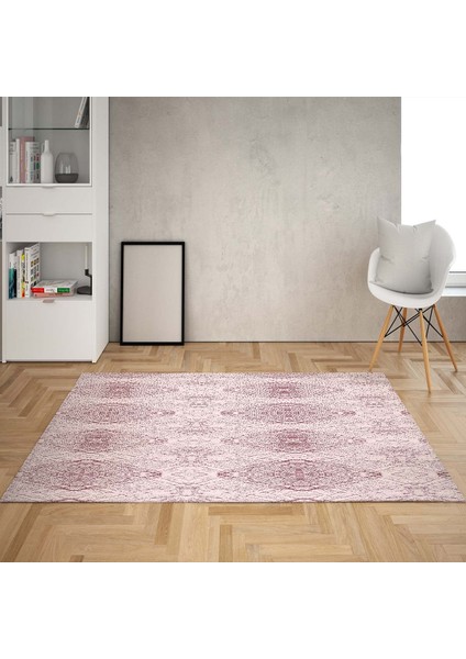 Geometrik Karo Desenli Gold Şeritli Dijital Baskı Yıkanabilir Modern Salon Halı ve Yolluk (Pembe)