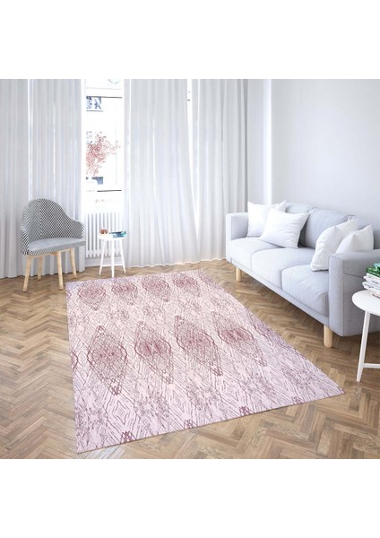 Geometrik Karo Desenli Gold Şeritli Dijital Baskı Yıkanabilir Modern Salon Halı ve Yolluk (Pembe)