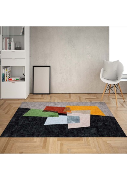 Geometrik Blok Desenli Dijital Baskı Yıkanabilir Kaymaz Taban Klasik Salon Halısı ve Yolluk