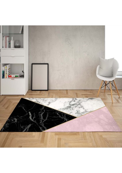 Geometrik Parça Desenli Dijital Baskı Yıkanabilir Kaymaz Taban Modern Salon Halısı ve Yolluk(Pembe)