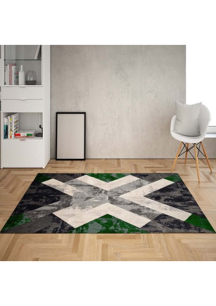Geometrik Blok Desenli Dijital Baskı Yıkanabilir Kaymaz Taban Klasik Salon Halısı ve Yolluk (Yeşil)