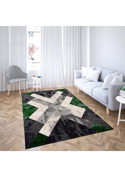 Geometrik Blok Desenli Dijital Baskı Yıkanabilir Kaymaz Taban Klasik Salon Halısı ve Yolluk (Yeşil) fiyatları