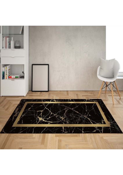Mermer Desenli Yıkanabilir Kaymaz Taban Leke Tutmaz Modern Salon Halısı ve Yollu (Siyah)